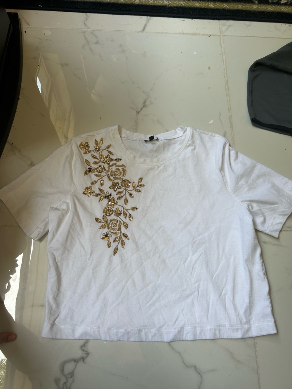 Express White Short Sleeve Tee with Gold Floral Embellishment